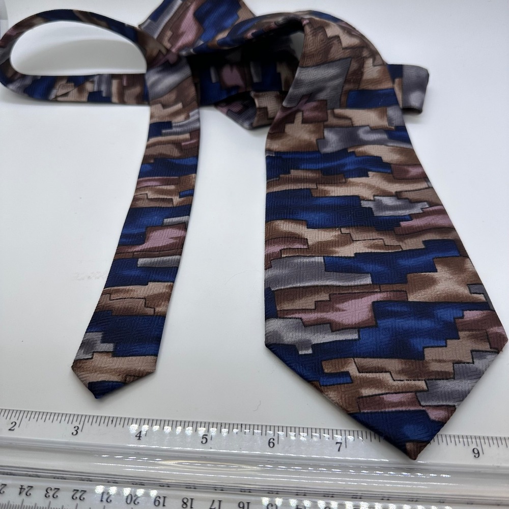Fratello Necktie Blue Brown Abstract Geometric Pattern Silk Blend Tie - Picture 6 of 12